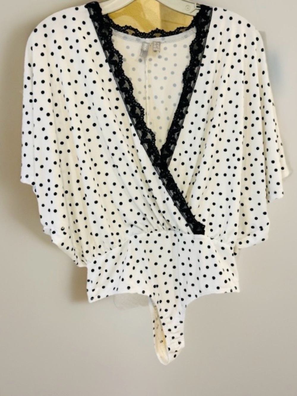 ASOS Polka Dot Wrap Bodysuit Lace Trim Thong Back White Black